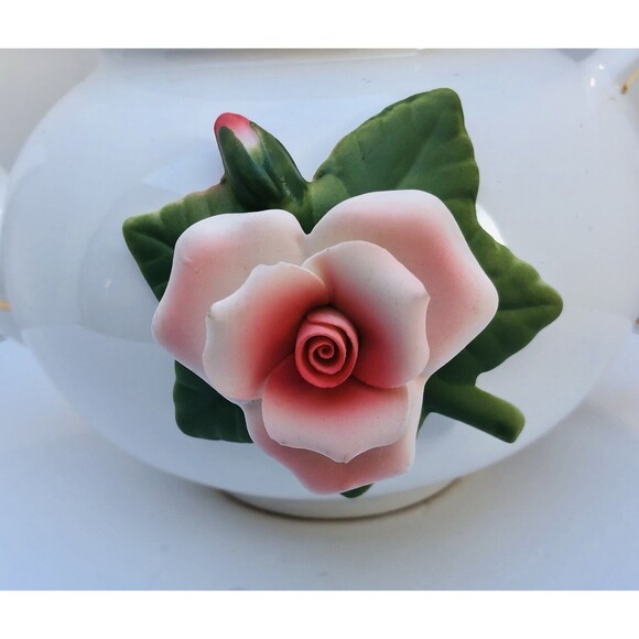 Teleflora Gift Peach Rose vintage Teapot Porcelain white with Gold Trim - Picture 3 of 9